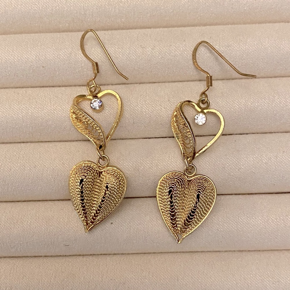 Vintage Gold Heart and Crystal Stud Dangle Earrings